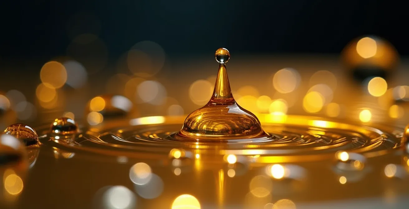 Visualisation macro de gouttelettes d'huile et d'eau montrant la différence de solubilité des molécules