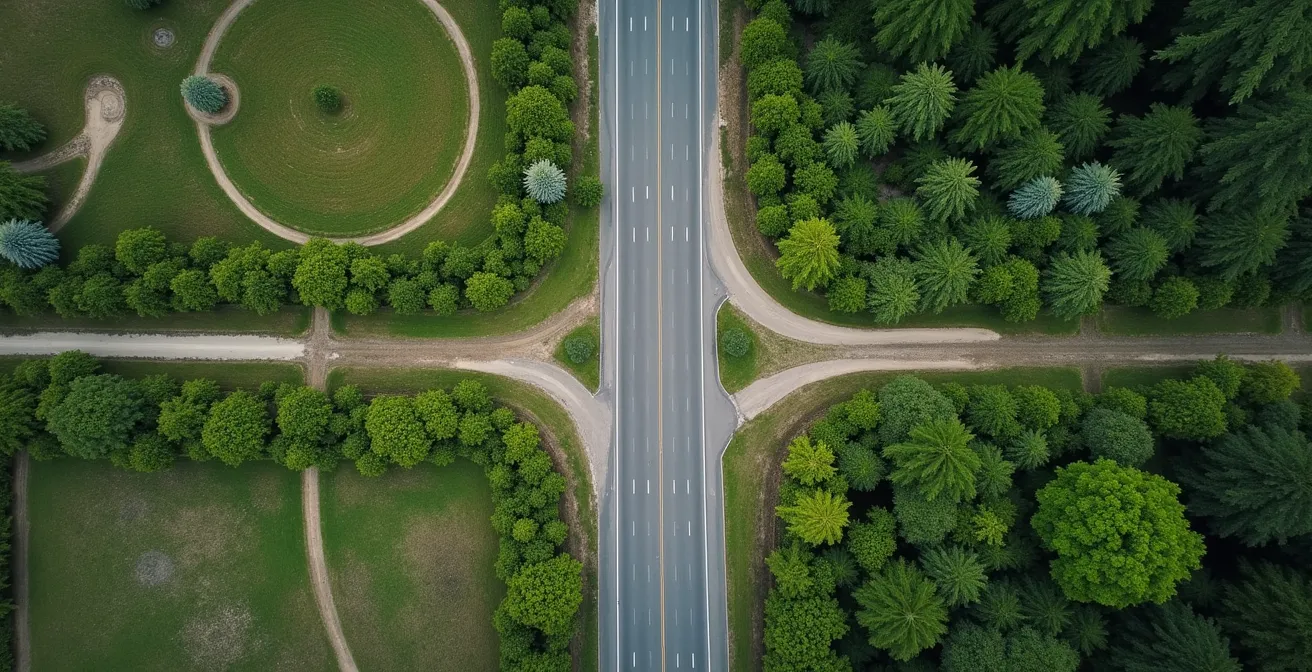 Métaphore visuelle d'un sentier de terre devenu autoroute neuronale après 5 ans de dépendance