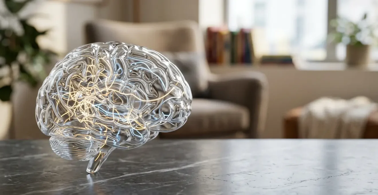 Cerveau humain en transparence avec réseau de pensées représentées par des fils lumineux