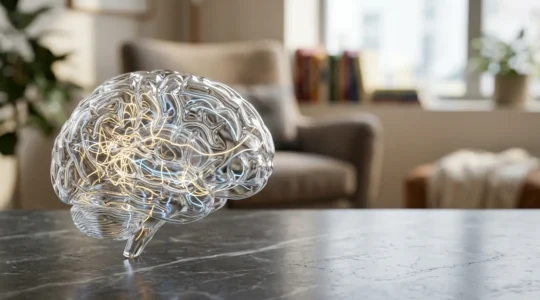 Cerveau humain en transparence avec réseau de pensées représentées par des fils lumineux