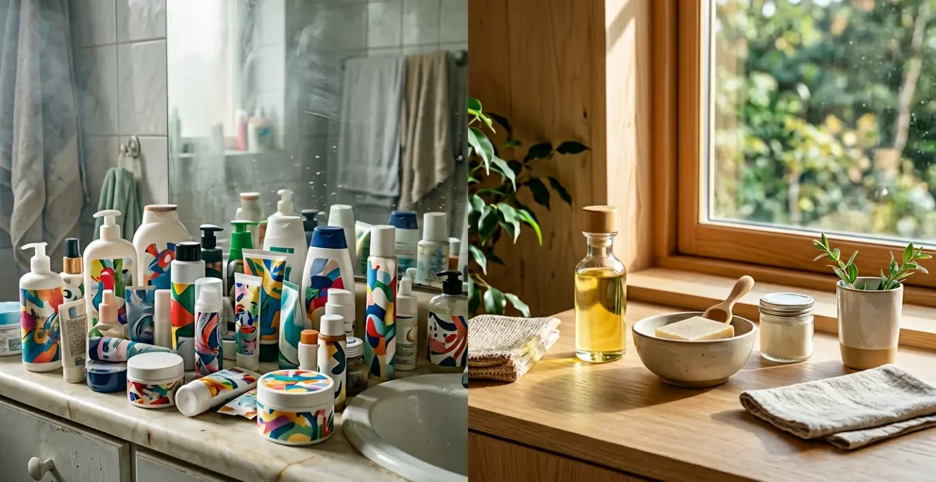 Composition artistique montrant la transition d'un environnement toxique vers un mode de vie sain et épuré