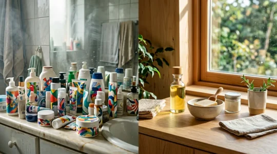 Composition artistique montrant la transition d'un environnement toxique vers un mode de vie sain et épuré