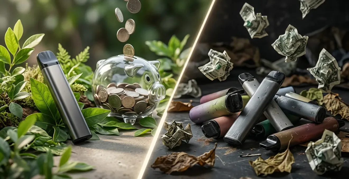 Comparaison visuelle entre pod rechargeable moderne et cigarettes jetables puff