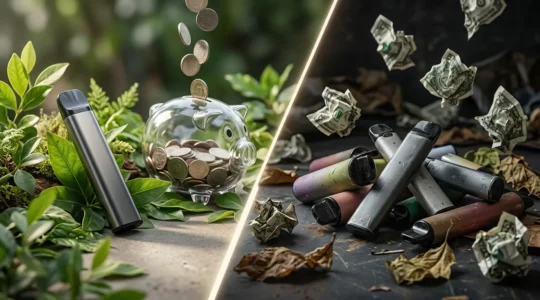 Comparaison visuelle entre pod rechargeable moderne et cigarettes jetables puff