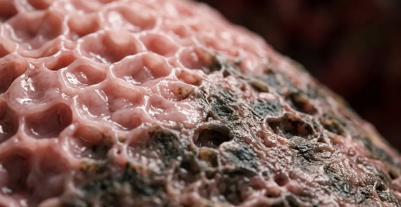 Vue artistique des poumons montrant la progression de dommages liés au tabac, avec des zones contrastées entre tissus sains et zones détériorées