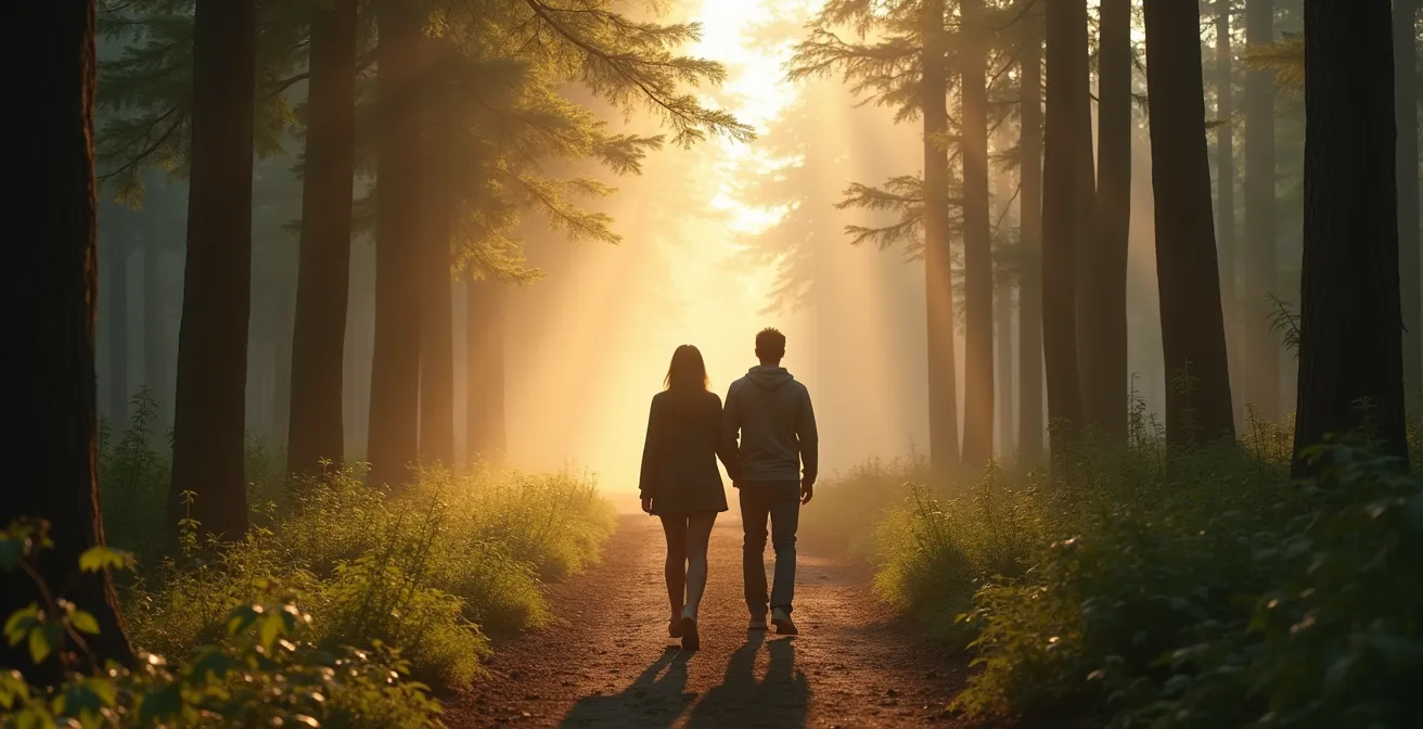 Deux personnes marchant côte à côte sur un sentier forestier baigné de lumière naturelle