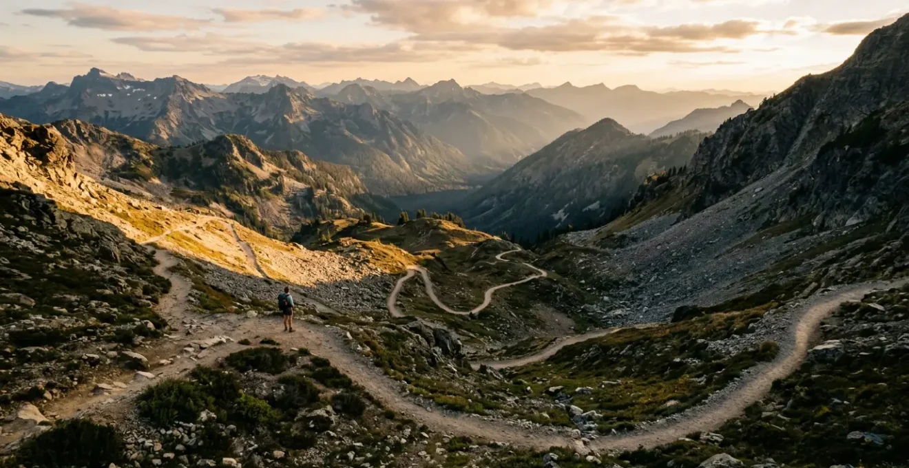 Chemin sinueux en montagne symbolisant le parcours non-linéaire de la guérison de l'addiction