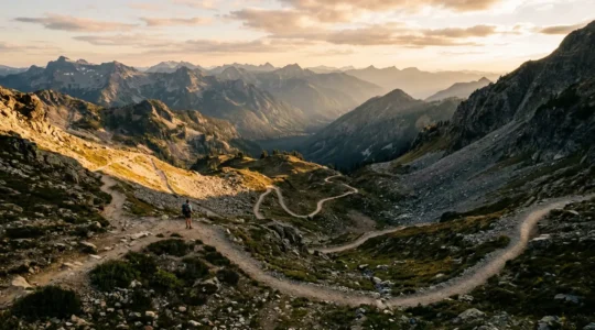 Chemin sinueux en montagne symbolisant le parcours non-linéaire de la guérison de l'addiction