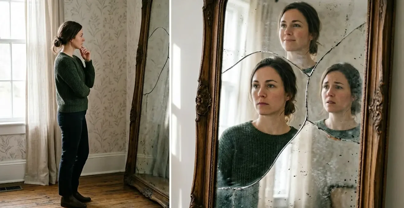 Person contemplating their reflection in a fragmented mirror showing multiple versions of themselves