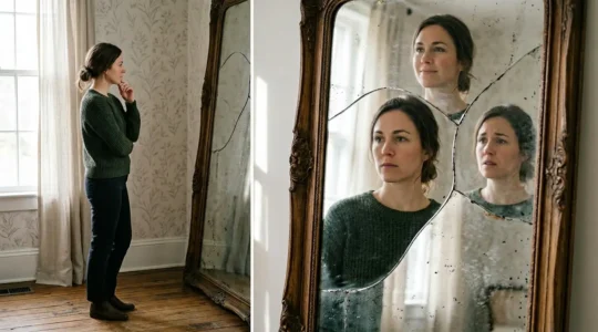Person contemplating their reflection in a fragmented mirror showing multiple versions of themselves