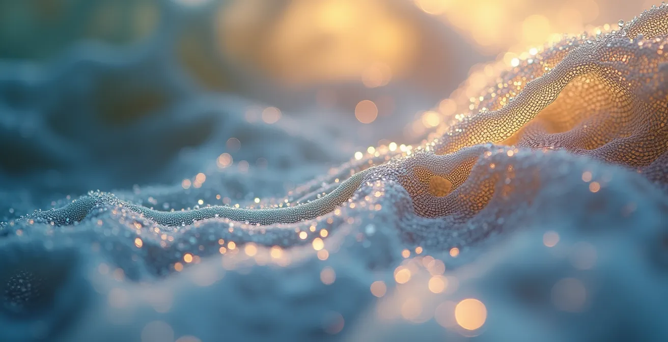 Image macro montrant des gouttes d'eau sur une surface texturée évoquant la filtration rénale