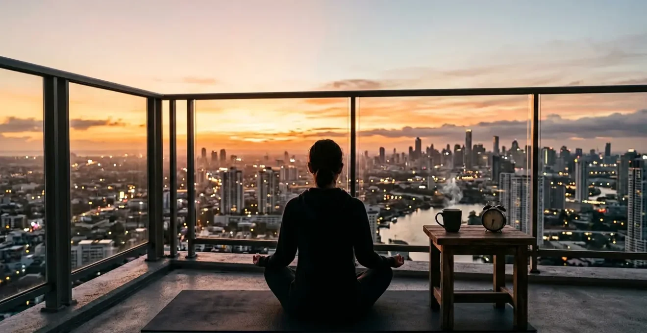 Personne pratiquant la méditation au lever du soleil sur un balcon urbain avec vue sur la ville qui s'éveille
