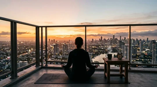 Personne pratiquant la méditation au lever du soleil sur un balcon urbain avec vue sur la ville qui s'éveille