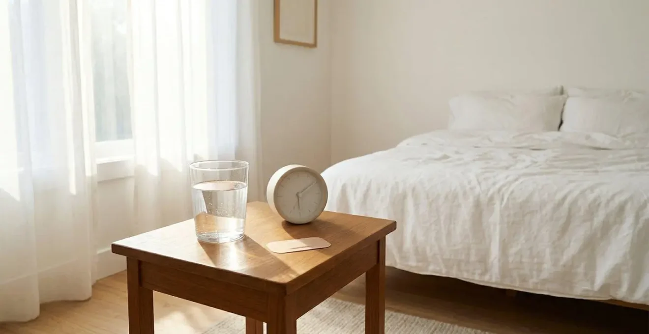 Scène matinale minimaliste avec éléments de routine saine disposés sur une table de chevet
