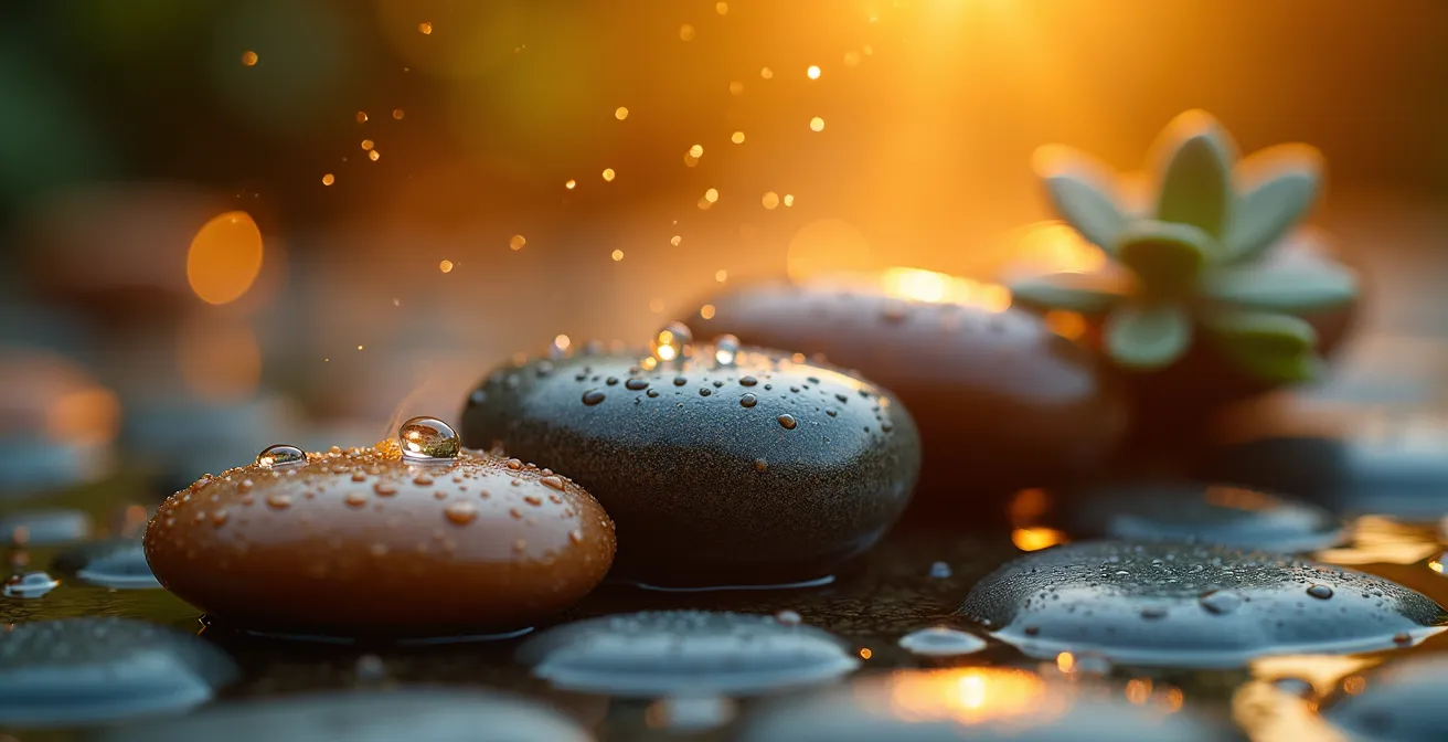 Ambiance vapeur douce d'un hammam traditionnel avec pierres chaudes et eucalyptus