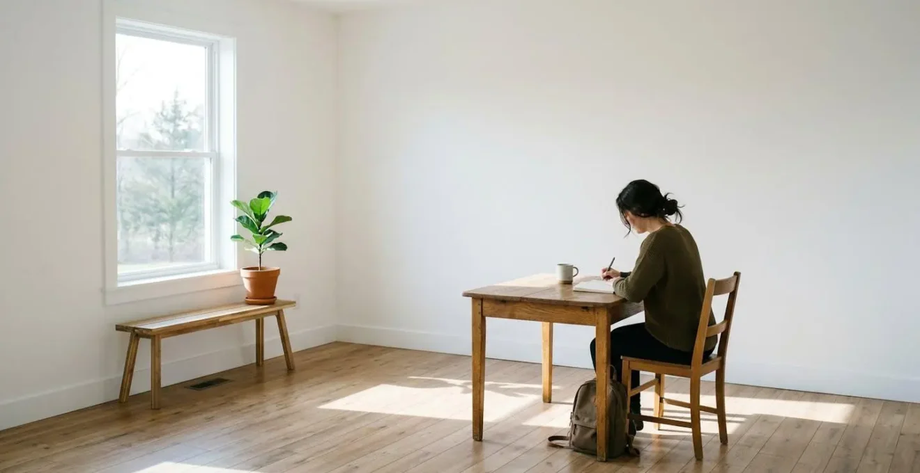 Personne dans un environnement minimaliste tenant un carnet de notes, symbolisant l'introspection et la vigilance face aux signes de rechute