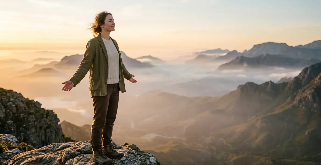 Personne contemplative au lever du soleil dans un paysage naturel paisible
