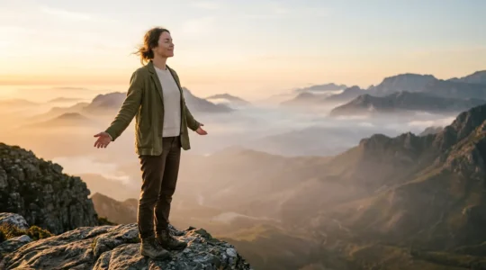 Personne contemplative au lever du soleil dans un paysage naturel paisible