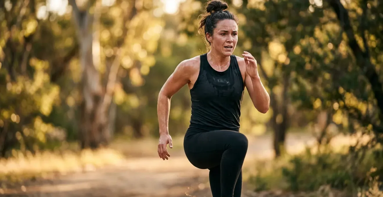 Personne en plein exercice HIIT au coucher du soleil dans un environnement naturel