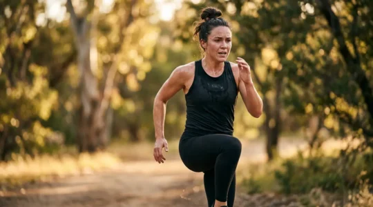 Personne en plein exercice HIIT au coucher du soleil dans un environnement naturel