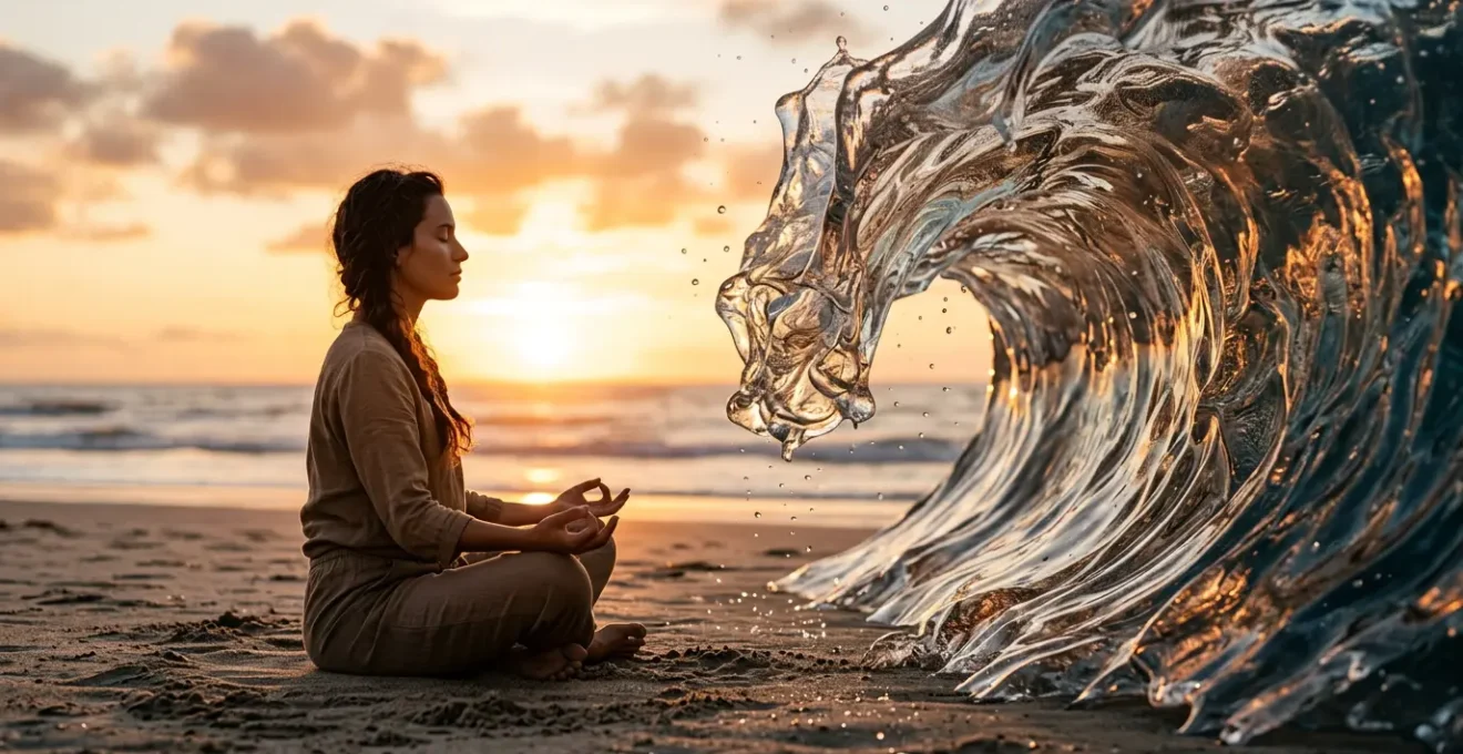 Personne en méditation face à une vague métaphorique représentant le craving, avec un environnement apaisant