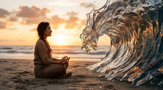 Personne en méditation face à une vague métaphorique représentant le craving, avec un environnement apaisant