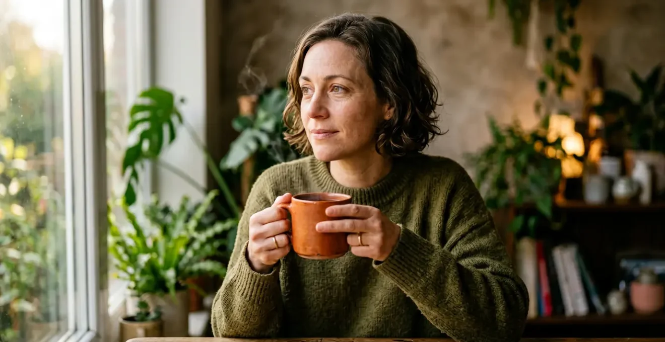 Portrait d'une personne contemplant sereinement la lumière du matin, symbolisant la résilience et la guérison progressive du syndrome de sevrage prolongé