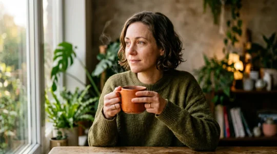 Portrait d'une personne contemplant sereinement la lumière du matin, symbolisant la résilience et la guérison progressive du syndrome de sevrage prolongé
