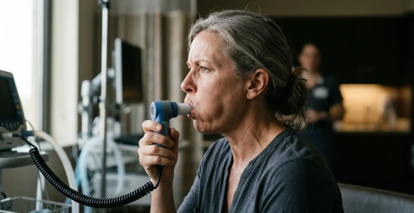 Personne effectuant un test de spirométrie, vue de profil montrant l'effort respiratoire