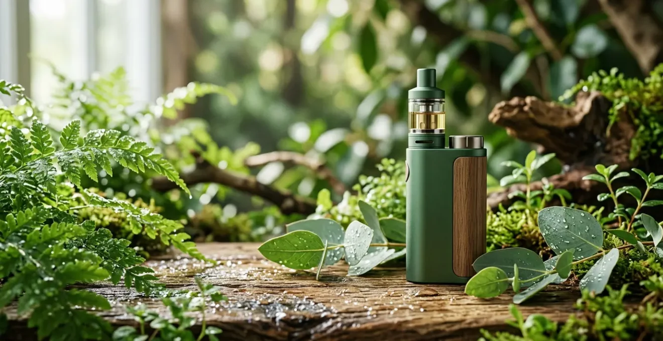 Composition artistique montrant une cigarette électronique entourée de feuilles vertes et d'éléments naturels symbolisant l'éco-responsabilité