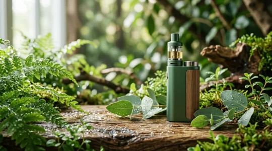 Composition artistique montrant une cigarette électronique entourée de feuilles vertes et d'éléments naturels symbolisant l'éco-responsabilité