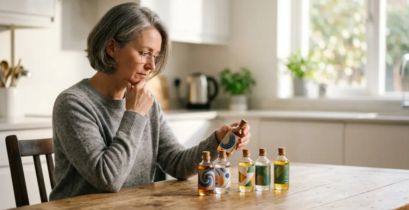 Personne analysant différents flacons de e-liquide avec des dosages de nicotine variés