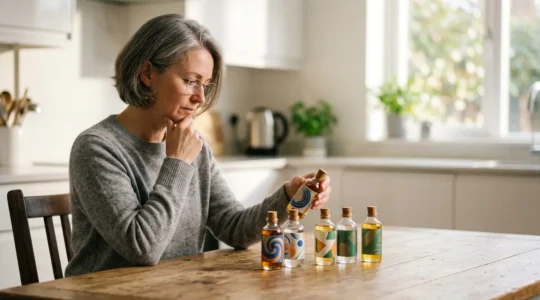 Personne analysant différents flacons de e-liquide avec des dosages de nicotine variés