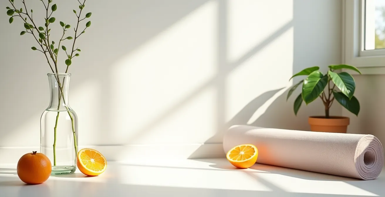 Vue grand angle d'un environnement de bien-être minimaliste avec éléments naturels