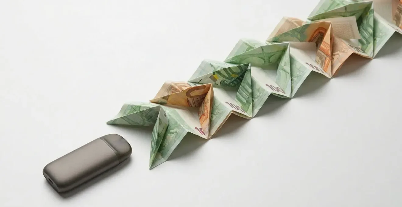 Billets et pièces économisés à côté d'un petit pod discret sur table blanche épurée