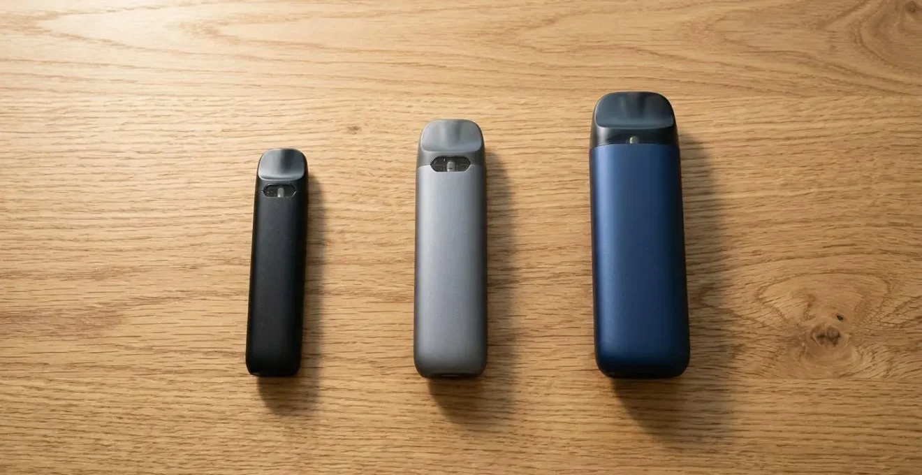 Trois pods de tailles différentes alignés sur surface bois naturel montrant l'évolution des capacités