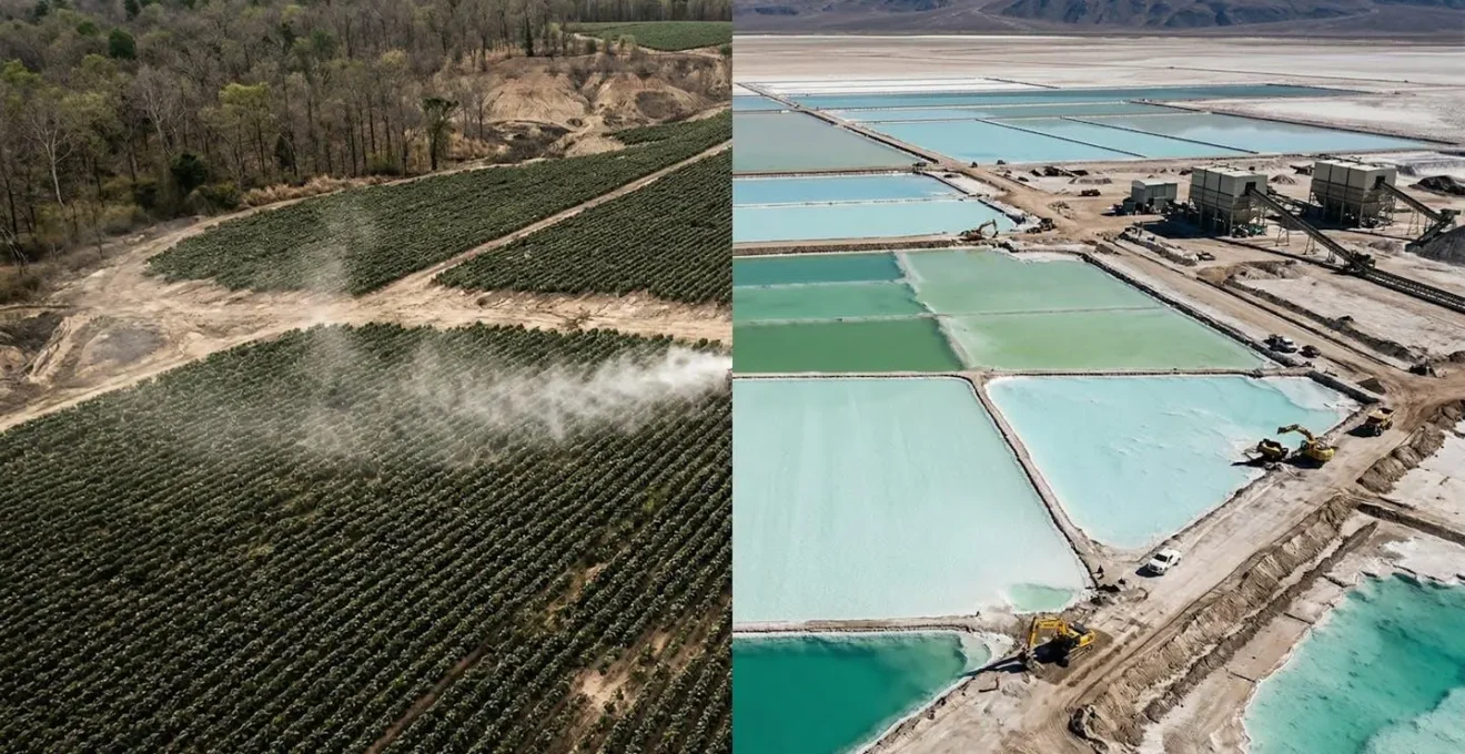 Infographie comparative montrant d'un côté un champ de tabac avec pesticides et de l'autre une mine de lithium