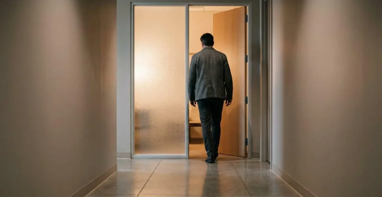 Vue arrière d'une personne entrant dans un bureau médical discret et accueillant