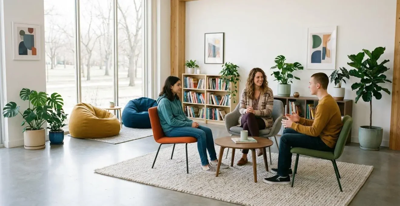 Espace d'accueil moderne et chaleureux avec des jeunes en discussion avec un professionnel
