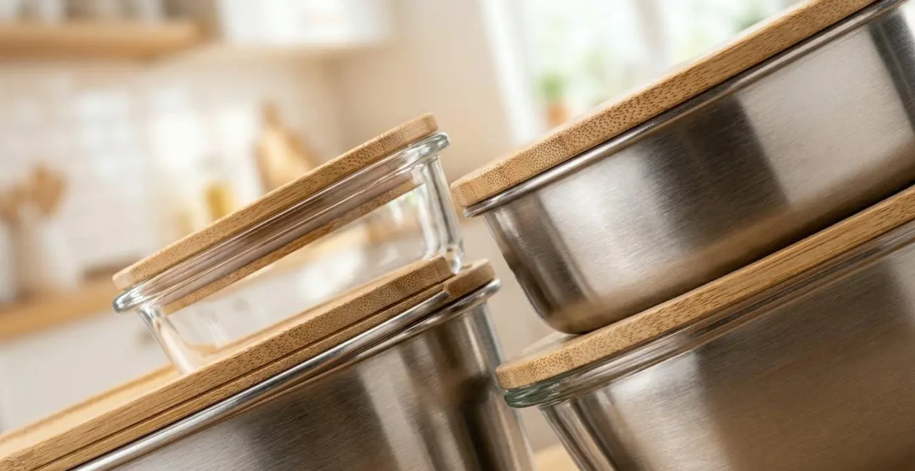 Vue macro de différents contenants alimentaires en verre et inox, avec focus sur les textures et matériaux naturels