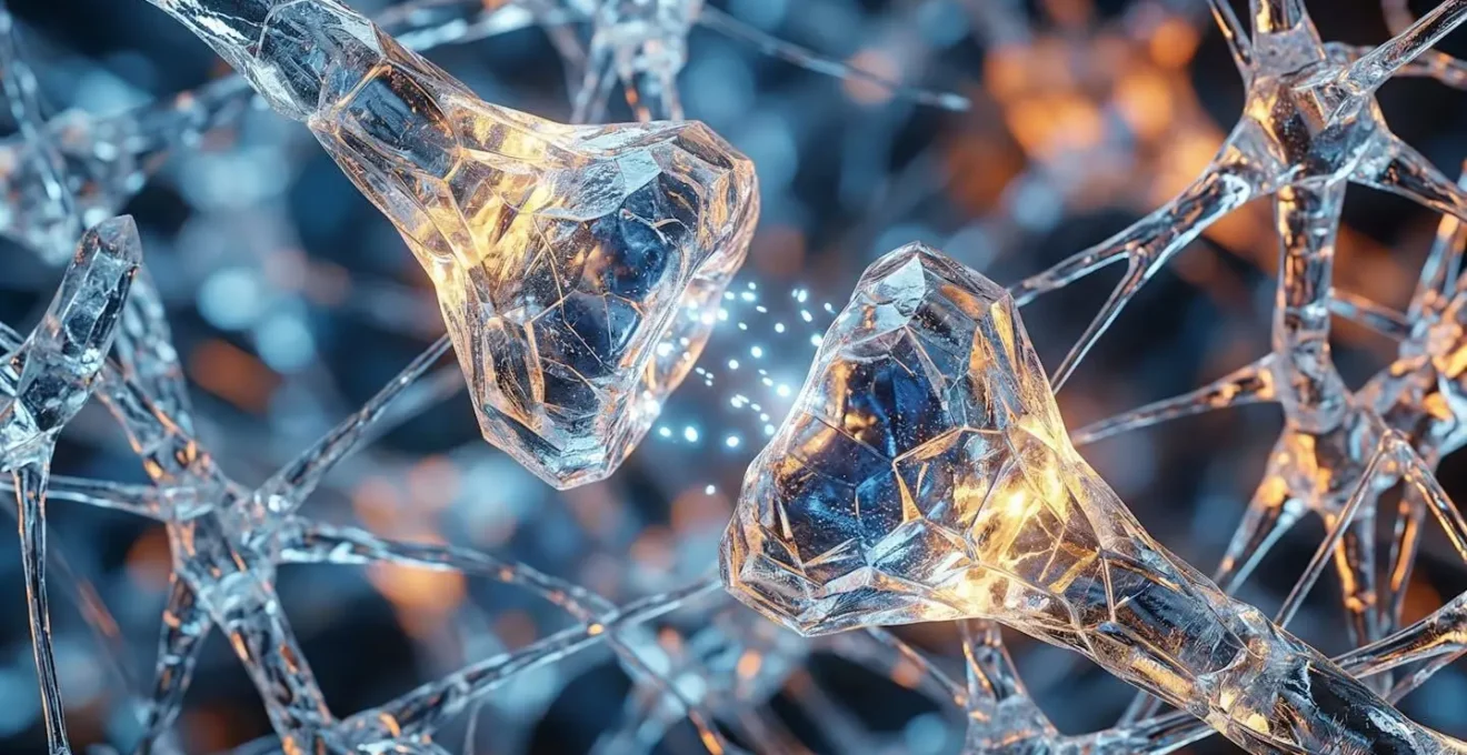 Gros plan macro sur des connexions synaptiques avec effet de lumière représentant la libération de dopamine