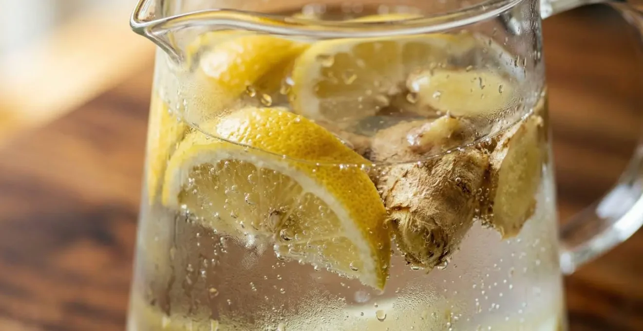Carafe d'eau infusée au citron et gingembre sur table en bois naturel
