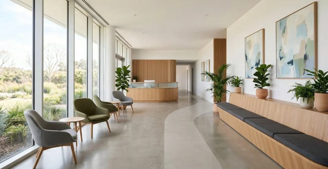 Vue d'ensemble d'un espace d'accueil moderne et apaisant dans un centre de soins en addictologie