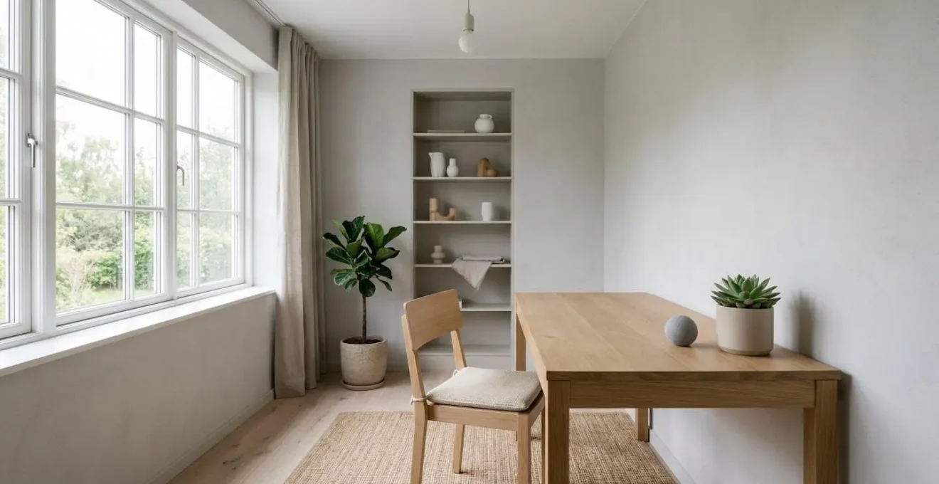 Intérieur minimaliste avec bureau épuré et plantes vertes remplaçant d'anciens objets