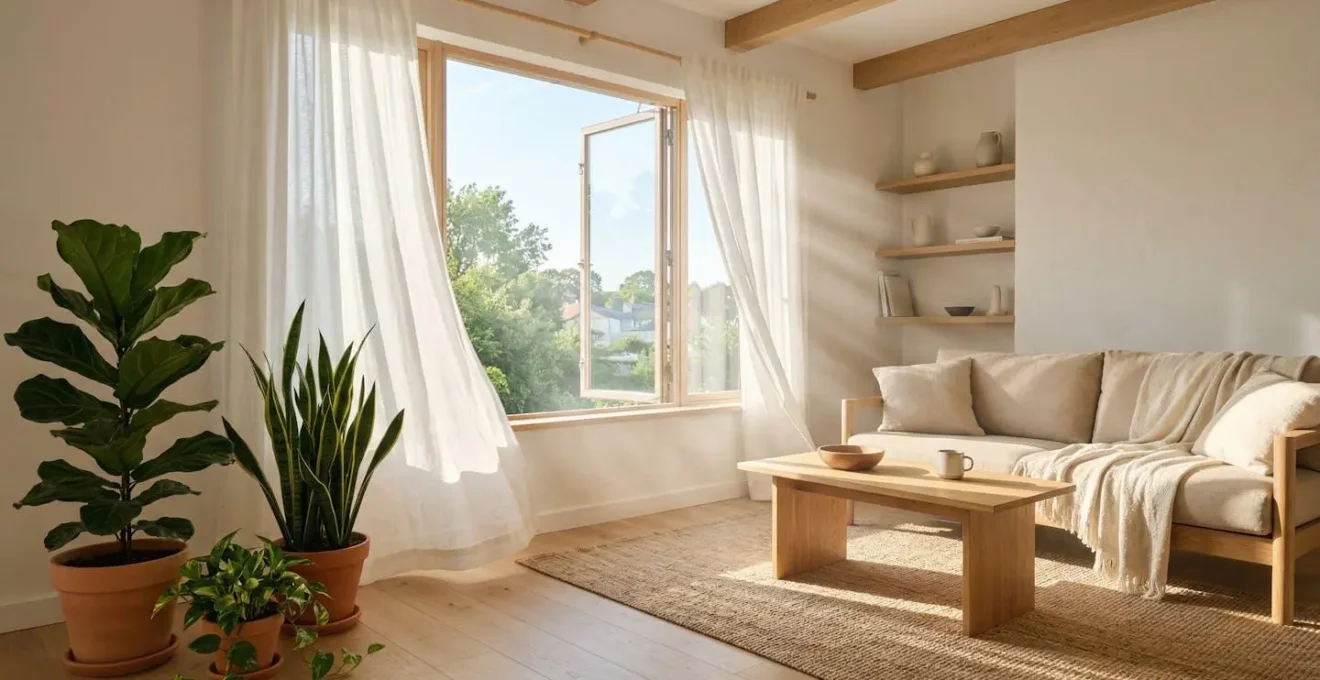 Salon lumineux avec fenêtre ouverte, plantes vertes et mobilier en matériaux naturels