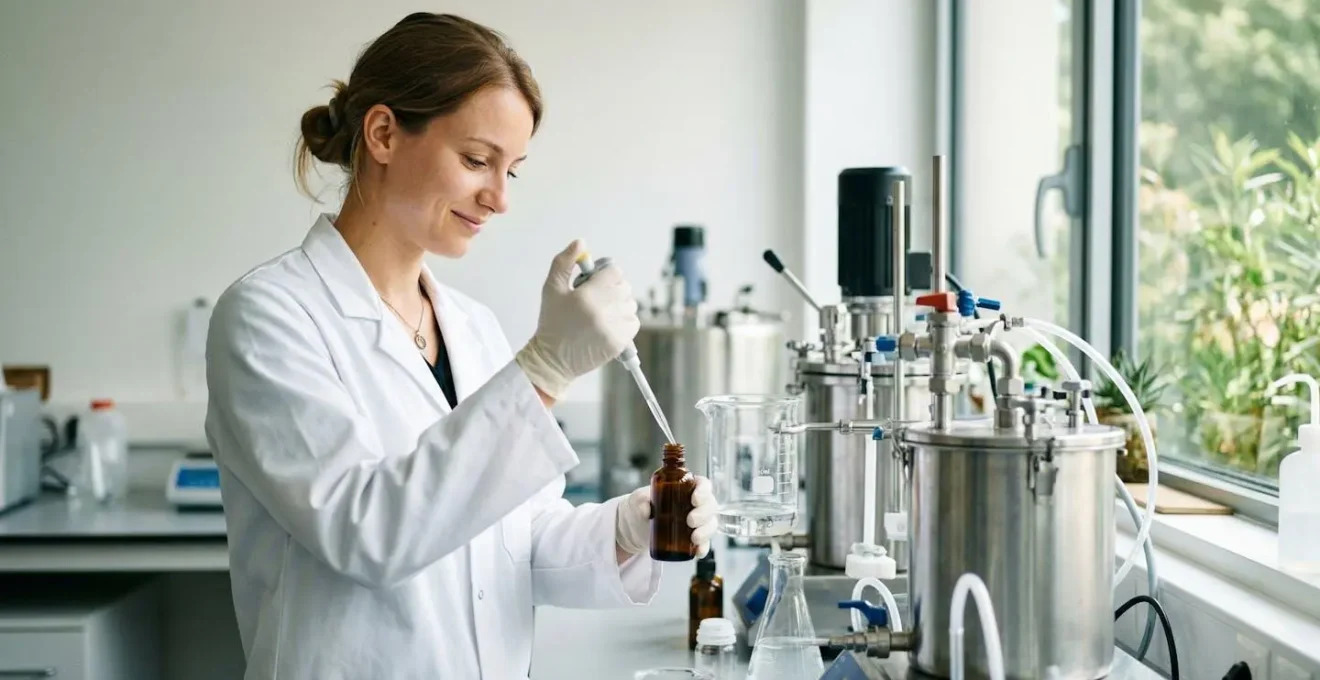 Vue d'un laboratoire français moderne de fabrication d'e-liquides avec des équipements propres et des plantes vertes