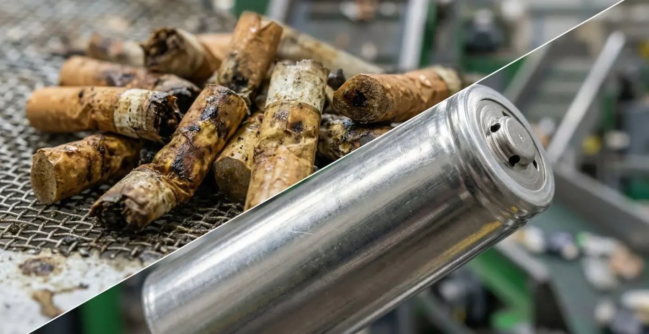 Comparaison visuelle entre un mégot de cigarette en décomposition et une batterie lithium-ion dans un centre de recyclage