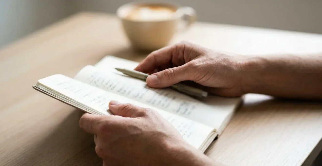 Mains tenant un carnet ouvert avec planning de la journée sur bureau minimaliste