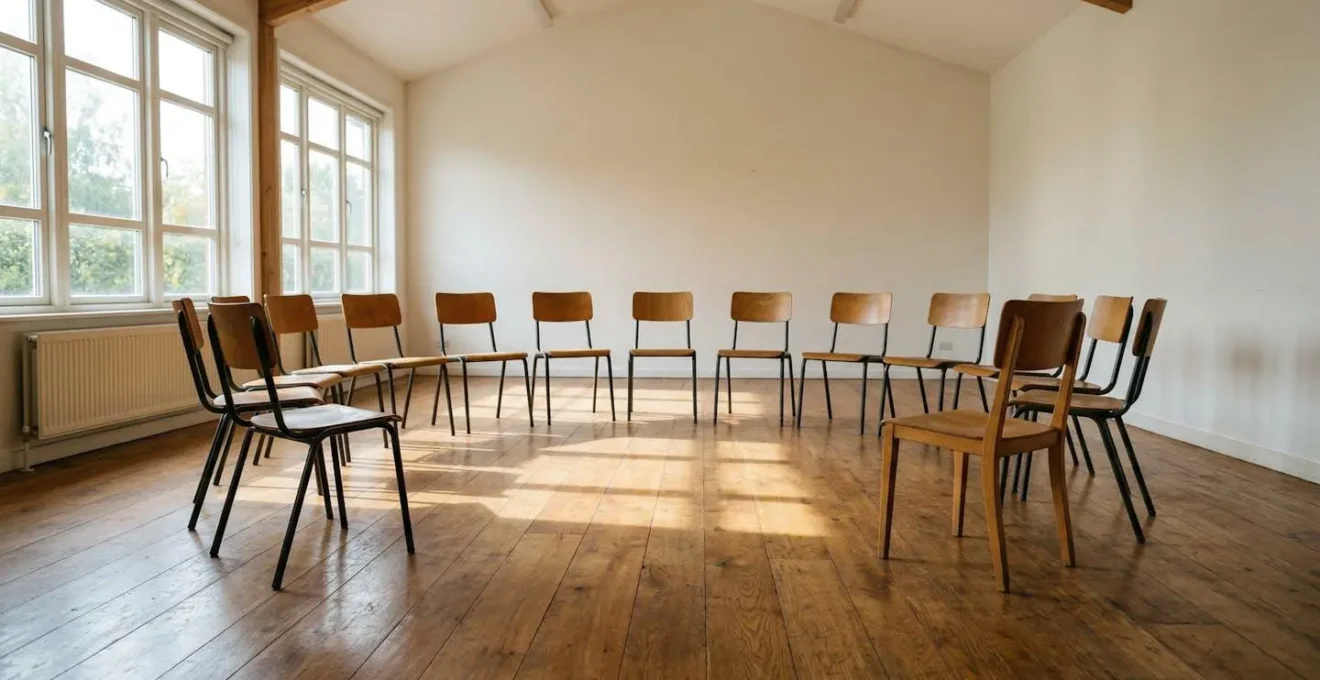Vue grand angle d'une salle de réunion chaleureuse avec chaises en cercle et lumière douce