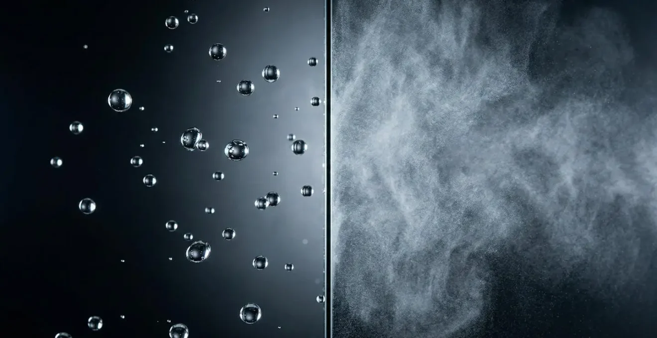 Comparaison visuelle entre deux types de gouttelettes de vapeur montrant la différence de taille et densité